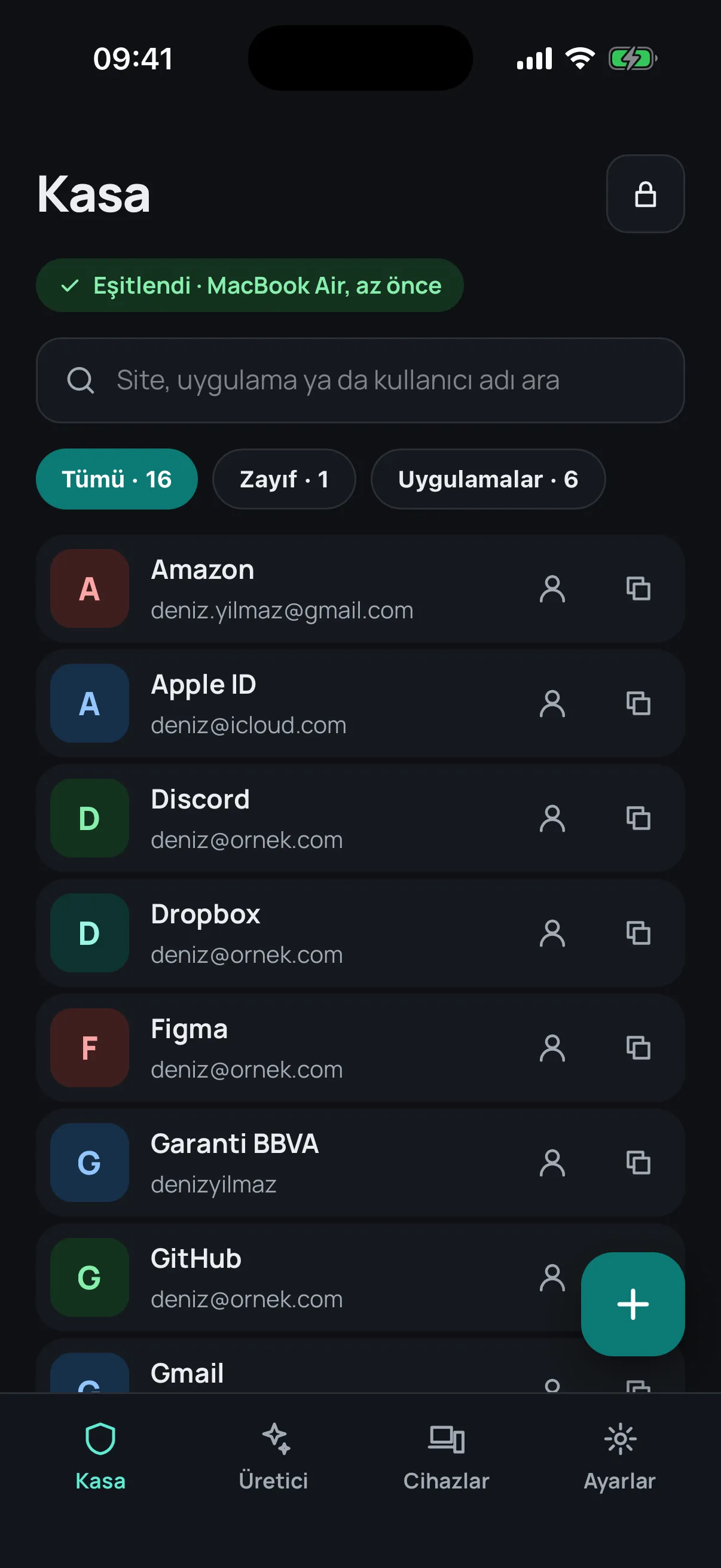 The vault list in the iPhone app, synced with the MacBook Air