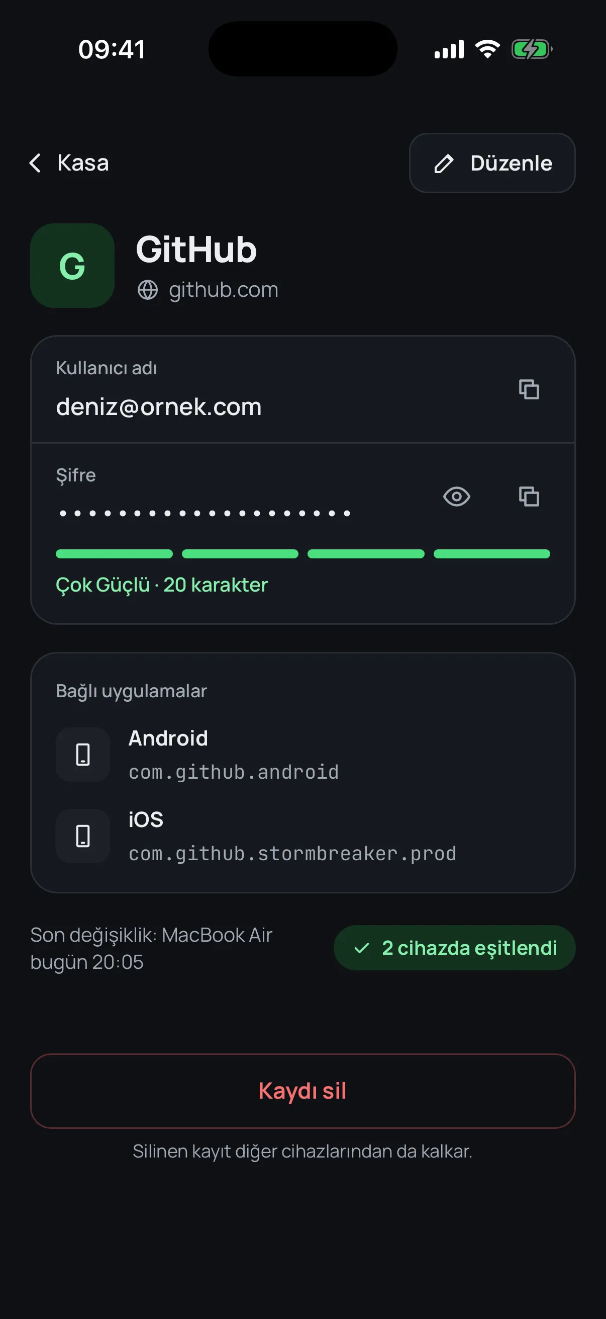 The GitHub entry on the iPhone: username, password strength and linked apps