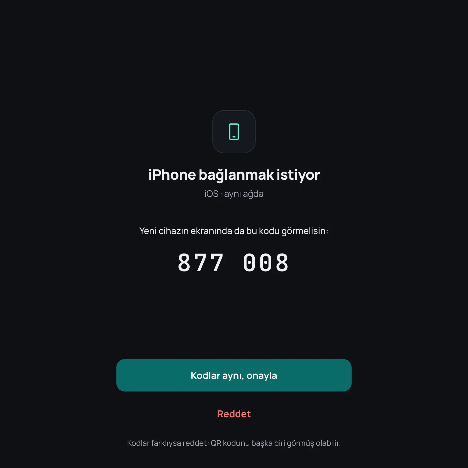 Pairing confirmation on the Mac: the iPhone wants to connect, security code 877 008